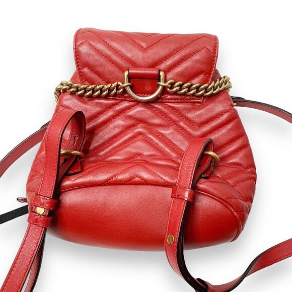 Gucci Marmont Metallasse Quilted Chevron Leather Drawstring Backpack Mini GG Red - Picture 12 of 16
